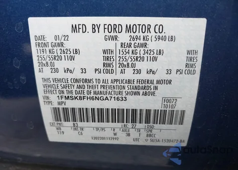 2022 Ford Explorer Limited из США, поврежденный, VIN 1FMSK8FH6NGA71633